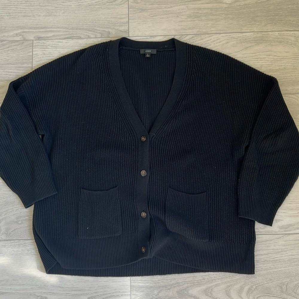 J. Crew Black Ribbed V-Neck Button Cardigan